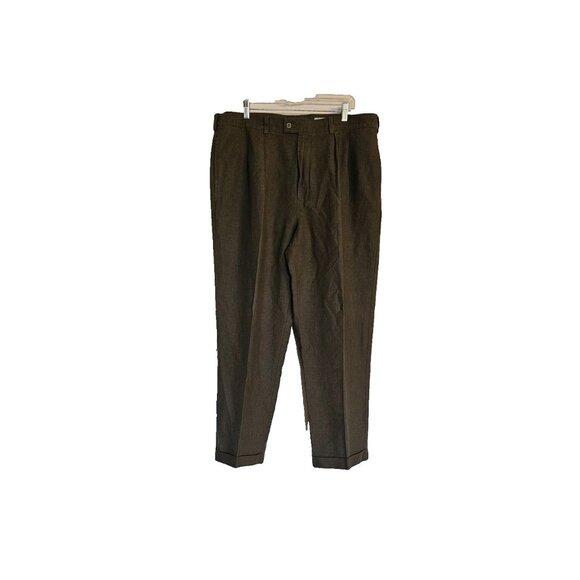 Tehama Mens Linen Blend Pleated Front Pants 38x30 Brown Olive Cuffed Hem Quiet L - Picture 1 of 7